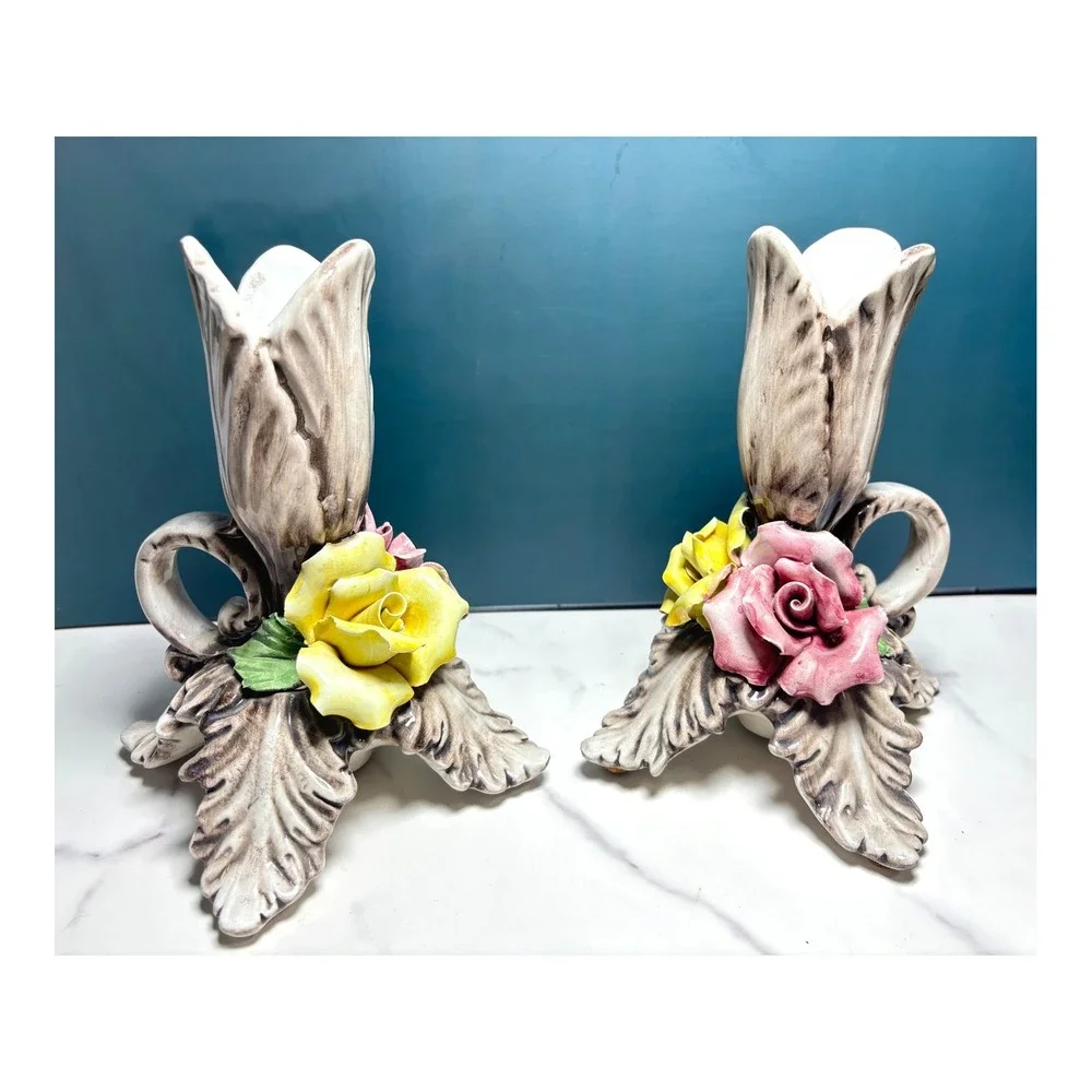 Vintage Capodimonte Italy Ceramic Floral Candlestick Holders Pair 7